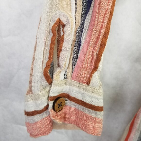 National Linen Tunic L Button Up Camp Shirt Chevron Mandarin Collar Wood Button - Picture 8 of 16